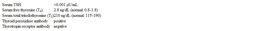 A 25-year-old woman, gravida 1 para 1, is evaluated for fatigue, palpitation, excessive sweating, and tremor that began 2 weeks ago.  Two months before the current visit, she delivered a male child at 39 weeks gestation by an uncomplicated vaginal delivery.  The patient has been breastfeeding her infant.  She reports no chronic medical conditions.  Blood pressure is 140/70 mm Hg and pulse is 110/min.  Examination of the thyroid gland shows mild, nontender, diffuse enlargement without an audible bruit.  Bilateral lid lag is noted without proptosis or eye redness.  A fine tremor of her outstretched hands is present.  Deep tendon reflexes are brisk and symmetrical.  Laboratory results are as follows:   In addition to propranolol, which of the following is the best therapy for this patient at this time? A) Add prednisone B) Add propylthiouracil C) No additional therapy D) Radioactive iodine therapy E) Thyroidectomy