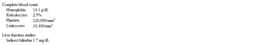 A 24-year-old Indian man comes to the emergency department due to 3 days of left upper quadrant abdominal pain.  The pain began after he flew back from India, where he was visiting family.  He has had no fever, palpitations, nausea, vomiting, or diarrhea.  He does not use tobacco or alcohol regularly, but on the flight back to the United States, he had some alcohol to help him sleep.  He has no chronic medical conditions and takes no medications.  Temperature is 37.3 C (99.1 F) , blood pressure is 120/80 mm Hg, pulse is 96/min, and respirations are 16/min.  Pulse oximetry is 97% on room air.  Mucous membranes are moist, and there is no jugular venous distension or palpable lymphadenopathy.  Cardiopulmonary auscultation is normal.  Abdominal examination reveals left upper quadrant tenderness with no rigidity or rebound guarding.  Bowel sounds are present, and there is no hepatosplenomegaly.  There is no lower extremity edema or skin rashes.  Laboratory results are as follows:   Abdominal ultrasound shows normal liver size, but the spleen is slightly enlarged with a hypoechoic wedge consistent with an infarction.  Which of the following would be most helpful in determining the underlying cause of his current condition? A) 24-hour ECG monitoring B) Bacterial blood cultures C) Bone marrow biopsy D) Factor V Leiden mutation testing E) Hemoglobin electrophoresis