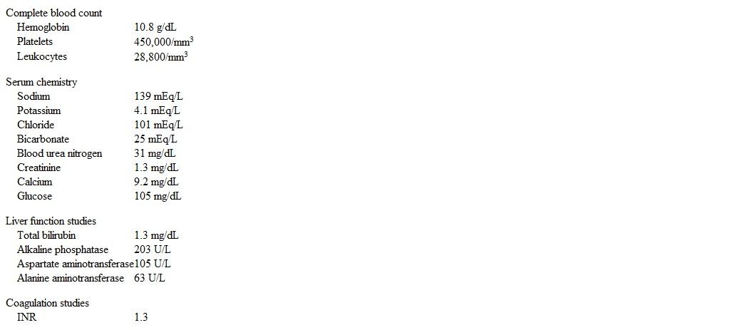 A 57-year-old woman comes to the emergency department with 12 hours of fever, chills, and severe generalized weakness.  She also has discomfort in her right upper quadrant and has had 2 episodes of vomiting.  The patient underwent a liver transplant for primary biliary cirrhosis 2 weeks ago and currently takes prednisone, tacrolimus, and mycophenolate.  Temperature is 39.1 C (102.5 F) , blood pressure is 85/55 mm Hg, and pulse is 130/min.  Physical examination reveals tenderness in her right upper quadrant with mild guarding.  Laboratory results are as follows:   Which of the following is the most likely cause of this patient's condition? A) Acute cellular rejection B) Aspergillus infection C) Bacterial infection D) Cytomegalovirus infection E) Epstein-Barr virus infection F) Hyperacute rejection G) Lymphoproliferative disorder