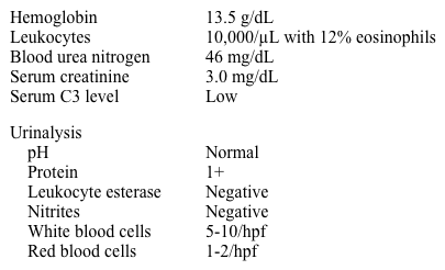 A 60-year-old man comes to the physician due to nausea and abdominal pain.  He had a coronary angiogram and stent placement for chest pain 5 days ago and was discharged home the day after the procedure.  His other medical problems include hypertension, hypercholesterolemia, peripheral artery disease, and type 2 diabetes mellitus.  Physical examination shows painless, purple mottling of the skin of both feet.  Laboratory results are as follows:   Which of the following is the most likely cause of this patient's findings? A) Cholesterol emboli B) Contrast nephropathy C) Crescentic glomerulonephritis D) Diabetic nephropathy E) Obstructive uropathy