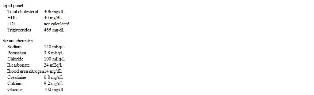 A 64-year-old man is assessed for discharge after being admitted 2 days ago for non-ST-segment elevation myocardial infarction.  He underwent successful percutaneous coronary intervention to the right coronary artery on the day of admission and has since been symptom-free.  The patient has a history of hypertension and was treated with lisinopril before admission.  His father underwent coronary artery bypass grafting at age 65, and his sister has diabetes.  The patient drinks a 6-pack of beer most nights and does not use tobacco or illicit drugs.  Weight is 90 kg (198.4 lb)  and height is 177.8 cm (5 ft 10 in) .  BMI is 28.5 kg/m<sup>2</sup>.  Blood pressure is 142/89 mm Hg.  His dentition is poor.  The lungs are clear on auscultation, and there are no heart murmurs.  A faint bruit is heard over the right carotid artery, but there are no periumbilical bruits.  Lower extremity pulses are full and there is no peripheral edema.  Fasting laboratory results are as follows:   Thyroid function tests are normal.  In addition to high-intensity statin therapy, which of the following is the best recommendation for management of this patient's lipid disorder? A) Carbohydrate-free diet B) Extended-release niacin C) Gemfibrozil D) Metformin E) Reduced alcohol intake F) Vitamin E supplementation