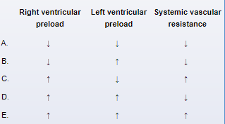 A 58-year-old man is brought to the emergency department due to severe chest pain that began an hour ago.  The patient describes the pain as pressure-like in the center of his chest.  He has also had nausea but no shortness of breath.  Medical history is remarkable for hypertension and diet-controlled diabetes mellitus.  Temperature is 37.6 C (99.7 F) , blood pressure is 94/62 mm Hg, and pulse is 64/min.  On physical examination, the patient is diaphoretic.  Cardiac auscultation reveals a normal S1 and S2 with no murmurs or extra heart sounds.  The lungs are clear to auscultation.  ECG shows ST-segment elevation in leads II, III, aVF, and V4R.  Which of the following hemodynamic findings are most likely present in this patient?   A) A B) B C) C D) D E) E