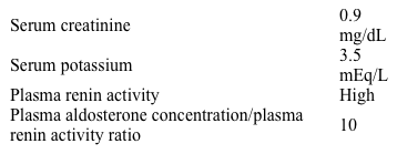 A 25-year-old woman comes to the physician complaining of transient vision loss in the right eye.  Six months ago, she was told that her blood pressure was high at a local health fair.  Her past medical history is otherwise unremarkable and she takes no medications.  Her grandmother had a stroke at age 50.  Her blood pressure is 164/103 mm Hg and pulse is 77/min.  Her body mass index is 26 kg/m<sup>2</sup>.  Examination shows a bruit below the right mandibular angle.  Chest and abdominal examinations are unremarkable.  She has 2+ lower extremity pulses.  Laboratory results are as follows:   Which of the following is the best next step in management of this patient? A) Adrenal venous sampling B) Computed tomography angiography of the abdomen C) Dexamethasone suppression test D) Erythrocyte sedimentation rate E) Plasma fractionated metanephrines