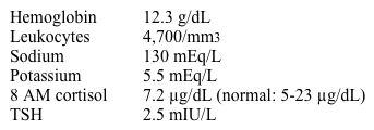 A 35-year-old man comes to the office after a year of weakness, fatigue, and weight loss.  He has experienced reduced appetite and intermittent diarrhea.  The patient had no improvement after several sessions with a clinical psychologist, who suggested evaluation for a physiological cause of his symptoms.  His medical history is unremarkable, and he takes no regularly scheduled medications.  The patient does not use tobacco, alcohol, or illicit drugs.  Family history is notable for hypothyroidism (sister) .  Temperature is 37.2 C (99 F) , blood pressure is 106/66 mm Hg, pulse is 94/min, and respirations are 14/min.  On physical examination, the patient does not appear to be in acute distress.  His neck shows no thyromegaly or lymphadenopathy.  Cardiopulmonary examination is normal, and the abdomen is soft with normal bowel sounds and no organomegaly.  Motor strength and deep tendon reflexes are normal and symmetric.  Laboratory results are as follows:   Which of the following is the most appropriate next step in management of this patient? A) 24-hour urine free cortisol B) ACTH stimulation test C) Insulin-induced hypoglycemia test D) Intravenous hydrocortisone E) Low-dose overnight dexamethasone suppression test