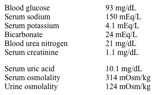 A 53-year-old man comes to the physician complaining of increased urinary frequency for the past 4 weeks.  He has no burning with urination, urgency, or difficulty initiating urination.  He wakes up several times at night to urinate.  His mouth feels dry all the time and he drinks fluids almost every hour to alleviate his thirst.  The patient's medications include hydrochlorothiazide and amlodipine for hypertension.  His sister was diagnosed with diabetes mellitus at a young age.  His blood pressure is 120/76 mm Hg, pulse is 85/min, and respirations are 15/min.  He is afebrile.  His body mass index is 32 kg/m<sup>2</sup>.  Laboratory results are as follows:   Which of the following is most consistent with this patient's findings? A) Benign prostatic hyperplasia B) Diabetes insipidus C) Glucose diuresis D) Hydrochlorothiazide side effect E) Primary polydipsia F) Renal tubular acidosis G) Syndrome of inappropriate antidiuretic hormone H) Urea diuresis