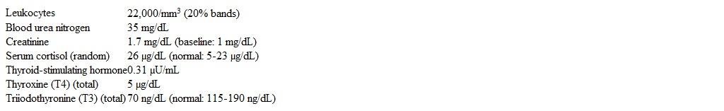 A 68-year-old woman is hospitalized for right lower lobe pneumonia and treated with ceftriaxone and azithromycin.  On the third hospital day, she develops acute shortness of breath and palpitation.  ECG reveals atrial fibrillation with a heart rate of 150/min.  Temperature is 39 C (102.2 F)  and blood pressure is 100/60 mm Hg.  The patient's heart rate improves following intravenous administration of diltiazem.  Subsequent laboratory results are as follows:   Which of the following is the most likely cause of this patient's abnormal thyroid function tests? A) Adaptation to nonthyroidal illness B) Medication adverse effect C) Pituitary ischemia D) Thyroid gland inflammation