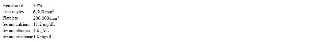 A 56-year-old woman is found to have hypercalcemia during routine laboratory testing for a life insurance policy.  She has a history of moderate asthma and has been evaluated for 2 episodes of acute bronchitis in the last 3 years.  The patient has a 30-pack-year smoking history but does not use alcohol or illicit drugs.  Her family history is negative for hypercalcemia.  Current medications include inhaled budesonide and albuterol, and the patient takes a daily multivitamin tablet.  Her temperature is 36.7 C (98 F) , blood pressure is 120/70 mm Hg, pulse is 76/min, and respirations are 14/min.  Neurologic examination shows no focal deficits and deep-tendon reflexes are normal.  Laboratory results are as follows:   Review of the patient's medical records reveals a serum calcium level of 10.9 mg/dL a year ago.  Which of the following is the best next step to determine the cause of this patient's hypercalcemia? A) Bone scan B) Chest x-ray C) Serum alkaline phosphatase level D) Serum parathyroid hormone level E) Serum parathyroid hormone-related protein level F) Serum protein electrophoresis