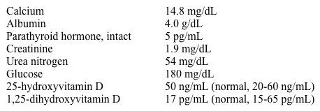 A 56-year-old man is admitted to the hospital with severe nausea and vomiting.  He has also had fatigue, poor appetite, polyuria, polydipsia, and constipation for several weeks.  The patient has a history of hypertension and type 2 diabetes mellitus.  His home medications include metformin, lisinopril, and hydrochlorothiazide.  He has a 40-pack-year smoking history and drinks alcohol occasionally.  Temperature is 36.7 C (98 F) , blood pressure is 110/70 mm Hg, pulse is 102/min, and respirations are 16/min.  His mucous membranes are dry.  The rest of the physical examination is unremarkable.  Laboratory results are as follows:   Which of the following is the most likely cause of this patient's hypercalcemia? A) Chronic kidney disease B) Hydrochlorothiazide-induced hypercalcemia C) Hypercalcemia of malignancy D) Osteoporosis E) Primary hyperparathyroidism F) Sarcoidosis