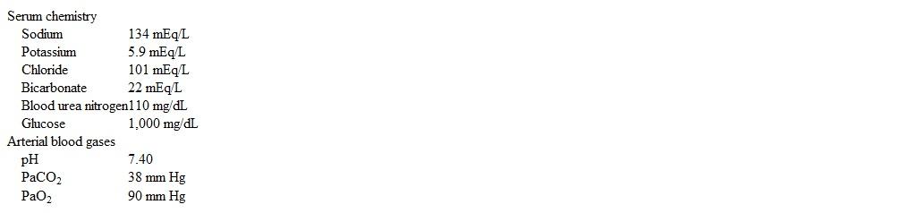 A 70-year-old man is brought to the emergency department after his daughter found him lethargic and confused in his home.  He has had a  cold  for the past 2 days.  The patient lives alone and ambulates with a walker after a stroke 5 years ago.  His daughter lives nearby and helps him with his daily activities of living.  On arrival, temperature is 38 C (100.4 F) , blood pressure is 90/65 mm Hg, pulse is 112/min, and respirations are 24/min.  Mucous membranes are dry.  The airway is maintained, and oxygen is administered.  Intravenous access is secured, and blood and urine samples are drawn.  Laboratory results are as follows:   Which of the following is the best immediate treatment for this patient? A) 0) 45% saline B) Long-acting insulin analogue C) Normal saline D) Potassium chloride E) Sodium bicarbonate F) Subcutaneous insulin