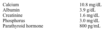 A 56-year-old woman comes to the office for a follow-up visit.  She has chronic kidney disease due to systemic lupus erythematosus (SLE)  and nonsteroidal anti-inflammatory drug use.  Medical history is notable for recurrent kidney stones, and the patient experienced natural menopause at age 49.  Her only current medication is hydroxychloroquine.  The patient quit smoking 10 years ago when she was diagnosed with SLE.  Family history is noncontributory.  Laboratory results are as follows:   DXA bone densitometry scan shows a T score of -2.5 at the lumbar spine, which is consistent with osteoporosis.  Which of the following is the most likely cause of this patient's hypercalcemia? A) Chronic kidney disease B) Hypercalcemia of malignancy C) Milk-alkali syndrome D) Osteoporosis E) Primary hyperparathyroidism F) Sarcoidosis G) Vitamin D toxicity