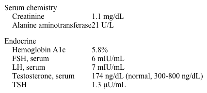 A 65-year-old man comes to the office with a 1-year history of erectile dysfunction and decreased libido.  He has hypertension that was diagnosed 5 years ago and is controlled with diet.  The patient has no history of cardiac problems, unexpected weight loss, visual changes, or symptoms of neuropathy.  Family history is unremarkable.  On examination, there is minimal bilateral gynecomastia without galactorrhea.  Genitourinary examination shows decreased testicular size.  The remainder of the physical examination, including visual fields on confrontation, is unremarkable.  Laboratory results are as follows:   Repeat early-morning testosterone level is 162 ng/dL.  Which of the following is the best next step in management of this patient? A) Angiography of the deep arteries of the penis B) Measurement of serum prolactin level C) Measurement of transferrin saturation D) Sildenafil treatment E) Testosterone therapy