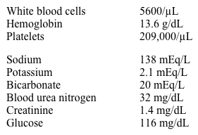 A 45-year-old woman comes to the physician due to several months of progressively worsening watery diarrhea.  She has cramps in her leg muscles and feels very dehydrated.  She also has mild abdominal discomfort and describes her stools as tea colored.  The patient has episodic flushing in her face.  She follows a normal diet and has no fever or weight loss.  There has been no recent travel to unusual places.  The patient smokes 1-2 cigarettes a day and drinks socially.  Her temperature is 36.8 C (98.1 F) , blood pressure is 108/64 mm Hg, pulse is 118/min, and respirations are 18/min.  Abdominal examination shows a nontender abdomen with normoactive bowel sounds.  Laboratory results are as follows.   A CT scan of the abdomen shows a 3-cm mass in the pancreatic tail.  Which of the following is the most likely diagnosis? A) Carcinoid syndrome B) Gastrinoma C) Pancreatic adenocarcinoma D) Systemic mastocytosis E) VIPoma