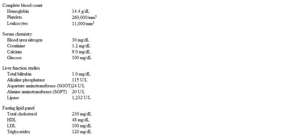 A 68-year-old woman comes to the emergency department due to epigastric abdominal pain.  The pain began suddenly, is severe and unremitting, and radiates to the back.  The patient also has nausea and frequent nonbloody emesis.  She was seen in the office 3 months ago for hypertension management.  Medications include hydrochlorothiazide and amlodipine.  She does not use tobacco, alcohol, or illicit drugs.  Temperature is 38.1 C (100.6 F) , blood pressure is 149/89 mm Hg, pulse is 95/min, and respirations are 18/min.  Physical examination reveals anicteric sclera and moist mucous membranes.  Heart and lung sounds are unremarkable.  The abdomen is tender to palpation diffusely with mild distension but no rebound or guarding.  Laboratory results are as follows:   The patient is admitted to the hospital for intravenous fluids and pain control.  Ultrasound of the right upper quadrant shows a normal gallbladder without stones; the size of the common bile duct is normal.  Which of the following is the best next step in management of this patient? A) Cholecystectomy prior to discharge B) Discontinuation of hydrochlorothiazide C) Endoscopic retrograde cholangiopancreatography D) Glucocorticoid therapy E) HIDA scan
