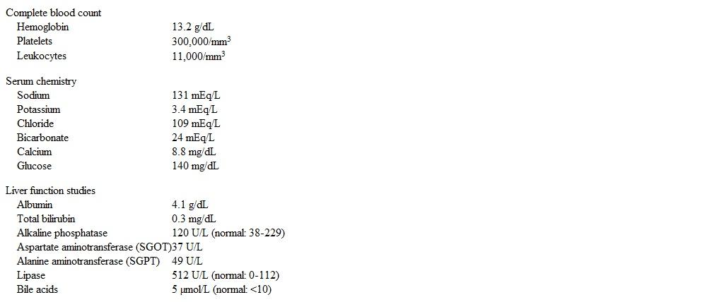 A 38-year-old woman, gravida 1 para 0, at 30 weeks gestation comes to the emergency department due to severe epigastric pain that started 6 hours ago.  The pain began suddenly, is constant, and radiates to her back.  She also has associated nausea and has had multiple episodes of vomiting.  The patient has a history of hypertriglyceridemia, and her fibrate medication was discontinued at her initial prenatal visit.  Her only current medication is a prenatal vitamin.  The patient does not use tobacco, alcohol, or illicit drugs.  Temperature is 36.7 C (98.1 F) , blood pressure is 134/82 mm Hg, pulse is 92/min, and respirations are 18/min.  Fetal heart tones are 155/min.  The abdomen is tender over the epigastric region; there is no rebound or guarding.  Bowels sounds are normal.  The uterus is nontender and has no palpable contractions.  Laboratory results are as follows:   A right upper quadrant ultrasound reveals no biliary sludge or dilation of the biliary tree.  Which of the following is the best next step in management of this patient? A) Broad-spectrum antibiotics B) CT scan of the abdomen C) Endoscopic retrograde cholangiopancreatography D) Lipid panel E) Urine protein/creatinine ratio