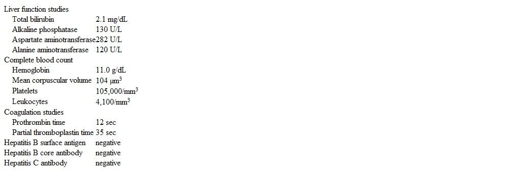 A 44-year-old man comes to the office due to a 6-month history of fatigue, weakness, and intermittent nausea.  The patient has no prior medical problems and takes no medications.  He drinks 6-8 cans of beer daily.  His blood pressure is 116/74 mm Hg and pulse is 78/min.  The patient is alert and oriented.  He has significant muscle wasting and nontender enlargement of bilateral parotid glands.  Multiple spider angiomas on the upper trunk and extremities are seen.  Heart sounds are normal without murmur.  Breath sounds are diminished at the right base.  The abdomen is mildly distended with shifting dullness.  Rectal examination reveals internal hemorrhoids, and stool is guaiac-negative.  There is no tremor, and neurologic examination is normal.  Laboratory results are as follows:   Abdominal ultrasound reveals splenomegaly, ascites, and an echogenic, shrunken liver without any mass.  After his clinical condition is discussed, the patient agrees to strictly follow medical recommendations. Which of the following studies is most appropriate for this patient? A) Abdominal CT scan B) Alpha-1 antitrypsin level C) Liver biopsy D) Serum ammonia level E) Serum ferritin level F) Upper gastrointestinal endoscopy