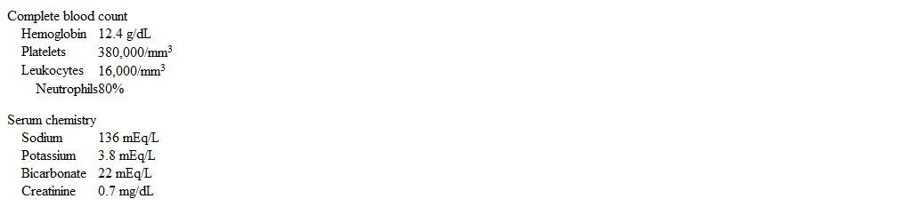 A 28-year-old man returns to the emergency department due to abdominal cramps and diarrhea.  The patient has a 3-year history of ulcerative colitis and initially presented 2 weeks ago with abdominal pain and bloody stools.  He was hospitalized and underwent colonoscopy, which revealed active colitis in the rectum, sigmoid, and descending colon.  His symptoms gradually improved with medical treatment, and he was discharged on prednisone and 5-aminosalicylic acid therapy.  The patient's symptoms had resolved completely, but he has now had 2 days of mild abdominal cramps and voluminous watery diarrhea despite taking medications as prescribed.  He has no other medical problems.  Temperature is 37.9 C (100.2 F) , blood pressure is 124/76 mm Hg, pulse is 78/min, and respirations are 12/min.  No orthostatic changes are present.  There is mild generalized abdominal tenderness without rebound tenderness or guarding.  Bowel sounds are normoactive.  Laboratory results are as follows:   Which of the following is the best next step in management of this patient? A) Abdominal CT scan with contrast B) Repeat colonoscopy with biopsy C) Stool fat measurement D) Stool testing for Clostridioides difficile toxins E) Tumor necrosis factor inhibitor therapy