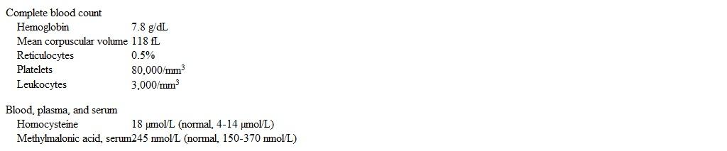 A 62-year-old man comes to the office due to 2 months of progressive weakness, fatigue, and dyspnea on exertion.  His daughter adds that he has not taken care of himself since his wife's death a year ago and spends most of his time alone drinking alcohol.  Physical examination shows mucosal pallor and several petechiae.  Laboratory results are as follows:   Peripheral blood smear results are shown below.   Which of the following is the most likely cause of this patient's condition? A) Dietary cobalamin deficiency B) Folate deficiency C) Intestinal bacterial overgrowth D) Myelodysplasia E) Pancreatic insufficiency F) Pernicious anemia