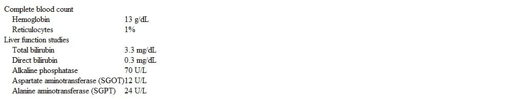 A 24-year-old woman comes to the office due to yellowing of the eyes that was first noted by her college roommate yesterday.  The patient otherwise feels well and has no symptoms.  She has no chronic medical conditions.  The patient recently completed a prolonged fast in observance of a religious holiday.  Her only medication is an oral contraceptive.  Temperature is 36.7 C (98 F) , blood pressure is 120/80 mm Hg, and pulse is 76/min.  Scleral icterus is present.  Cardiopulmonary examination is normal.  The abdomen is soft, nondistended, and nontender without hepatosplenomegaly or masses.  Laboratory results are as follows:   Which of the following is the most appropriate diagnostic step in management? A) Discontinue oral contraceptives and repeat testing in 3 months B) No additional testing at this time C) Obtain liver biopsy D) Obtain right upper quadrant ultrasound E) Obtain serology for hepatitis B and C virus