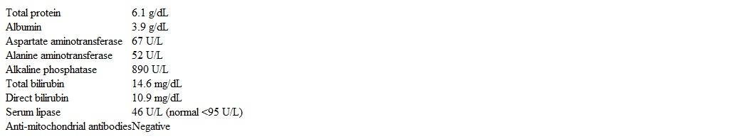 A 62-year-old woman comes to the physician complaining of 6-8 weeks of fatigue and yellowish skin discoloration.  She feels tired, has lost 4.5 kg (10 lb) , and has occasional mild nausea.  She has no change in bowel habits or abdominal pain.  The patient had a colposcopy for an abnormal Pap smear 15 years ago.  Her last mammogram 6 months ago was normal.  She is a nonsmoker and drinks 2 or 3 beers each night.  The patient's father has hypertension and hyperlipidemia and had a stroke.  Her temperature is 36.7 C (98 F) , blood pressure is 110/70 mm Hg, pulse is 88/min, and respirations are 14/min.  There is marked scleral icterus.  Abdominal examination shows normal bowel sounds and no organomegaly.  No occult blood is detected in her stool.  Laboratory results are as follows:   Which of the following is the most likely cause of this patient's condition? A) Acute choledocholithiasis B) Chronic autoimmune hepatitis C) Chronic pancreatitis D) Hemochromatosis E) Malignant biliary obstruction F) Primary biliary cholangitis