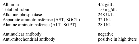 A 45-year-old woman is noted to have abnormal liver chemistries.  She has no symptoms.  The patient has hypercholesterolemia and her only medication is a statin.  She lives with her husband and 3 children and works in a grocery store.  Temperature is 37 C (98.6 F) , blood pressure is 118/72 mm Hg, pulse is 68/min, and respirations are 12/min.  BMI is 25 kg/m<sup>2</sup>.  Physical examination reveals no abnormalities.  Laboratory results are as follows:   Right upper quadrant ultrasonogram shows no abnormalities.  After confirmation of the diagnosis, which of the following is the best next step in management of this patient? A) Discontinue statin and repeat testing B) Measure serum alpha-fetoprotein level C) Refer for liver transplantation D) Start glucocorticoids E) Start ursodeoxycholic acid