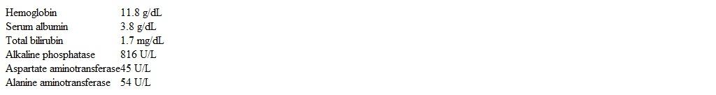 A 42-year-old man comes to the office due to progressive fatigue.  For several years, the patient has had recurrent episodes of abdominal pain and diarrhea associated with bloody stools.  Two years ago, he underwent a colonoscopy with biopsy, which demonstrated contiguous proctocolitis with pseudopolyps, mucosal ulcerations, and crypt abscesses.  Oral 5-aminosalicylic acid and corticosteroid enemas controlled his symptoms, but he has had extreme fatigue for the past several months to where he feels drained by the end of the day.  The patient has had no weight loss.  Temperature is 37 C (98.6 F) , blood pressure is 134/90 mm Hg, pulse is 74/min, and respirations are 15/min.  Examination shows mild left lower quadrant tenderness on deep palpation.  There is no hepatomegaly or splenomegaly.  Laboratory results are as follows:   Which of the following is the most appropriate next step in management? A) Anti-smooth muscle antibody assay B) Biliary scintigraphy (HIDA scan)  C) Carcinoembryonic antigen level D) CT scan of the abdomen E) Liver biopsy F) Magnetic resonance cholangiopancreatography