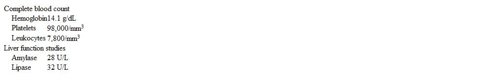 A 25-year-old woman comes to the emergency department due to 2 days of progressive pain in the left upper quadrant.  The pain is constant and deep.  Medical history is significant for several years of joint pain.  The patient does not use tobacco, alcohol, or illicit drugs.  Temperature is 37.1 C (98.8 F) , blood pressure is 128/82 mm Hg, pulse is 86/min, and respirations are 16/min.  BMI is 25 kg/m<sup>2</sup>.  The lungs are clear to auscultation.  Cardiac examination reveals an nondisplaced point of maximum impulse and a 2/6 holosystolic murmur at the apex.  Abdominal examination shows tenderness in the left upper quadrant with no rigidity or rebound guarding.  Bowel sounds are present.  The remainder of the examination shows no abnormalities.  Laboratory results are as follows:   CT scan of the abdomen is shown in the exhibit.   Which of the following is the best next step in management of this patient? A) Antinuclear antibodies B) Factor V Leiden mutation testing C) Hemoglobin electrophoresis D) Monospot test E) Parvovirus antibodies