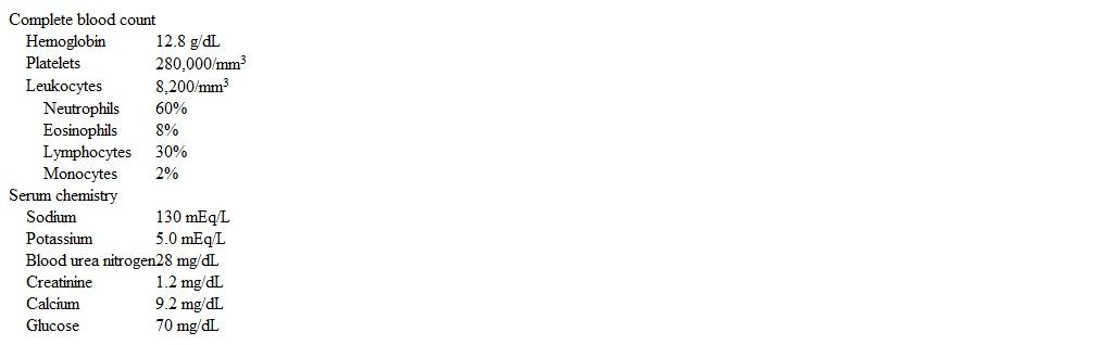A 68-year-old woman comes to the emergency department due to severe generalized weakness and dizziness.  She has not fallen or lost consciousness.  The patient reports no chest pain, dyspnea, cough, or diarrhea; however, she has had worsening fatigue, nausea, and anorexia for the past 3 weeks.  The patient has a history of breast cancer treated with surgery and chemotherapy 5 years ago but was found to have a vertebral metastatic lesion during evaluation of back pain a month ago.  Radiation therapy and systemic chemotherapy are planned, but she has not received treatment yet.  The patient has no other medical conditions, and the only prescribed medication is opioid analgesic as needed.  Temperature is 37.5 C (99.5 F) , blood pressure is 108/66 mm Hg, and pulse is 102/min.  Orthostatic changes are present and oral mucosa are dry.  The lungs are clear on auscultation and heart sounds are normal.  The abdomen is soft with mild generalized tenderness, and no lower extremity edema is present.  There is focal tenderness of the mid thoracic vertebrae with no focal neurologic deficit.  Laboratory results are as follows:   In addition to intravenous fluids, which of the following is the most appropriate management of this patient? A) Appetite stimulant and nutritional supplements B) Blood culture and empiric antibiotics C) Cosyntropin stimulation testing D) Discontinuation of opioid analgesics E) Percutaneous gastrostomy tube placement