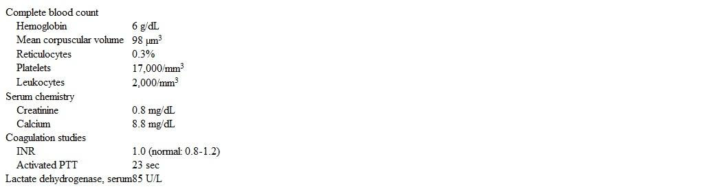 A 44-year-old-man comes to the emergency department due to a day of fever, chills, and productive cough.  Over the past several weeks, the patient has also had progressive fatigue and dyspnea to the point that he was unable to mow the lawn last weekend.  The patient has no prior medical conditions and takes no medications.  He does not use tobacco, alcohol, or illicit drugs.  Temperature is 38.8 C (102 F) , blood pressure is 100/60 mm Hg, pulse is 110/min, and respirations are 24/min.  Examination shows mucosal pallor and scattered ecchymoses.  Lung auscultation reveals left-sided crackles and bronchial breath sounds.  There is no lymphadenopathy or splenomegaly.  Laboratory results are as follows:   Left lower lobe consolidation is seen on chest x-ray.  Peripheral blood smear reveals decreased leukocytes, erythrocytes, and platelets but is otherwise unremarkable.  Which of the following is the most likely mechanism of this patient's hematologic abnormalities? A) Acquired deficiency of hematopoietic stem cells B) Excessive collagen deposition in the bone marrow C) Impaired DNA synthesis in precursor cells D) Malignant proliferation of mature lymphocytes E) Replacement of bone marrow by plasma cells