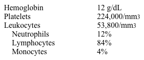 A 65-year-old woman comes to the office due to 2 months of lethargy.  She is a reporter for the local newspaper and notes severe fatigue in the afternoons and evenings that has required her to reduce her workload.  The patient has not had any fevers, night sweats, or weight changes.  She does not use tobacco or illicit drugs but drinks a glass of red wine nightly.  She is current on her health maintenance and does yoga 3 times a week.  Temperature is 37.1 C (98.8 F) , blood pressure is 112/72 mm Hg, and pulse is 88/min.  The patient is thin but well nourished.  There are large, firm, mobile lymph nodes in her bilateral cervical and supraclavicular chains.  Cardiopulmonary and abdominal examinations are normal.  Laboratory results are as follows:   Peripheral blood smear reveals lymphocytosis with small, mature lymphocytes.  Which of the following is the most likely diagnosis? A) Chronic lymphocytic leukemia B) Chronic myeloid leukemia C) Hairy cell leukemia D) Hodgkin lymphoma E) Infectious mononucleosis F) Lymphoblastic leukemia