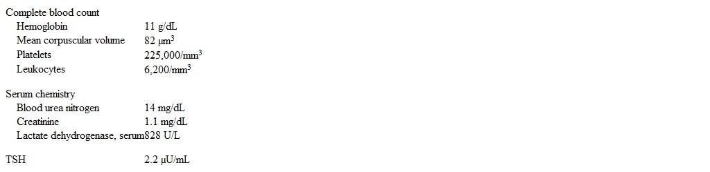 A 47-year-old woman with a long-standing history of systemic lupus erythematosus (SLE)  comes to the office due to a month of worsening fatigue and low-grade fevers.  She has lost 4.6 kg (10 lb)  during this time but has no joint pain, cough, dyspnea, or chest pain.  Other medical conditions include hypertension, hypothyroidism, and anemia of chronic disease.  The patient takes hydroxychloroquine for SLE and uses glucocorticoids intermittently for acute symptom flares.  Temperature is 37.5 C (99.5 F) , blood pressure is 132/84 mm Hg, pulse is 78/min, and respirations are 14/min.  Physical examination shows no scleral icterus, oral ulcers, or skin rashes.  The cervical and axillary lymph nodes are enlarged.  The lungs are clear on auscultation, and heart sounds are normal.  The abdomen is soft and nontender with no organomegaly.  There is no extremity edema or joint tenderness.  Laboratory results are as follows:   Which of the following is the most likely cause of this patient's current condition? A) Acute lymphoblastic leukemia B) Infectious mononucleosis C) Medication adverse effect D) Non-Hodgkin lymphoma E) Tuberculosis infection