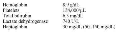 A 43-year-old woman comes to the emergency department with abdominal pain and dark urine.  Physical examination shows right upper-quadrant tenderness without guarding or rebound.  Laboratory results are as follows:   Further workup, including MRI of the abdomen, shows hepatic vein thrombosis.  Which of the following is the most likely diagnosis? A) Acute intermittent porphyria B) Aplastic anemia C) G6PD deficiency D) Hereditary spherocytosis E) Paroxysmal nocturnal hemoglobinuria