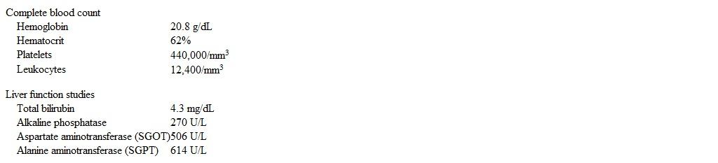 A 42-year-old woman comes to the office due to worsening abdominal pain and distension.  The vague upper abdominal discomfort began 4 weeks ago, and her abdomen has become progressively distended over the past week.  The patient also notes several months of generalized pruritus, which is worsened by water contact and is not relieved by over-the-counter emollients.  She has no other medical conditions and takes no medications.  The patient does not use tobacco, alcohol, or illicit drugs.  Temperature is 36.5 C (97.7 F) , blood pressure is 152/80 mm Hg, pulse is 88/min, and respirations are 16/min.  Physical examination shows facial plethora and mild scleral icterus.  The neck veins are flat, and heart and lung sounds are normal.  The abdomen is distended with flank dullness to percussion, tender hepatomegaly, and splenomegaly.  There is no extremity edema or skin rash.  Laboratory results are as follows:   Which of the following is the best next step in evaluation of this patient's abdominal pain? A) Abdominal Doppler ultrasonography B) Chronic hepatitis serology C) Diagnostic paracentesis D) MR cholangiopancreatography E) Serum alpha-fetoprotein concentration F) Ultrasound-guided liver biopsy