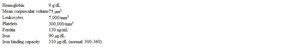 A 27-year-old woman, gravida 1 para 0, at 9 weeks gestation comes to the clinic for an initial prenatal visit.  The patient has mild nausea but is otherwise feeling well.  She recently completed law school and is studying for the bar examination.  The patient has no known medical conditions and has had no surgeries.  Her mother and sister have anemia.  The patient eats fish but otherwise usually follows a vegetarian diet.  Prior to this pregnancy, menses occurred monthly with 5-6 days of bleeding that was heaviest the first 2 days.  She does not use tobacco, alcohol, or illicit drugs.  Temperature is 36.7 C (98 F) , blood pressure is 110/80 mm Hg, pulse is 76/min, and respirations are 16/min.  Examination shows no abnormalities.  Laboratory results are as follows:   Transvaginal ultrasound shows a 9-week intrauterine gestation with normal cardiac activity.  Which of the following is the best next step in management of this patient? A) Folate level B) Hemoglobin electrophoresis C) Lead level D) Reassurance and routine prenatal care only E) TSH level F) Vitamin B<sub>12</sub> level