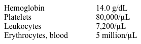 A 34-year-old man comes to the physician complaining of occasional dizziness and palpitations in crowded spaces.  He is an executive who travels frequently and reports high stress levels at work.  He takes no medications and his family history is unremarkable.  He drinks alcohol occasionally and does not use tobacco or illicit drugs.  His blood pressure is 130/80 mm Hg and pulse is 80/min.  Chest examination is unremarkable.  The liver span is 8 cm and the spleen is not palpable.  There is no cervical lymphadenopathy or skin rash. Laboratory results are as follows:   Peripheral smear confirms a reduced platelet count without clumping or malignant cells.  Which of the following is the most appropriate next test for this patient? A) Blood folate level B) Computed tomography scan of the abdomen C) Epstein-Barr virus titers D) HIV antibody test E) Rapid plasma reagin test F) Schilling test
