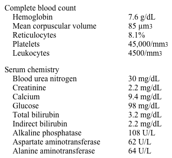 A 35-year-old man is brought to the emergency department by his roommate, who says that he has been acting  weird  for the past 2 days.  The patient has spent most of the time in his room and has not been eating much.  He has no headaches, focal weakness, or sensory symptoms.  His medical history is significant for untreated HIV and hepatitis C infections.  Temperature is 37.9 C (100.2 F) , blood pressure is 140/86 mm Hg, pulse is 96/min, and respirations are 16/min.  Mild scleral icterus is present.  The oropharynx is normal and there is no nuchal rigidity.  Examination of the chest and abdomen are unremarkable.  Neurologic examination reveals no focal deficits.  Laboratory results are as follows:   A CT scan of the head with and without contrast reveals no abnormalities.  Which of the following is the most appropriate next step in the management of this patient? A) Bone marrow biopsy B) Flow cytometry of peripheral blood C) Liver biopsy D) Peripheral blood smear E) Right upper quadrant ultrasound