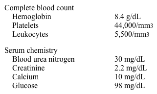 A 45-year-old previously healthy man is brought to the emergency department due to headaches and confusion for 2 days.  He has no focal weakness or sensory symptoms.  The patient has no significant past medical history and does not take any medications.  He does not use tobacco, alcohol, or illicit drugs. Temperature is 37.9 C (100.2 F) , blood pressure is 140/86 mm Hg, pulse is 96/min, and respirations are 16/min.  Mild icterus is present.  His neck is supple and without rigidity.  Cardiopulmonary and abdominal examinations are normal.  Neurologic examination shows no focal deficits.  Laboratory results are as follows:   A peripheral blood smear shows many fragmented red blood cells.  The prothrombin time is normal.  Which of the following is the most appropriate next step in the management of this patient? A) Cryoprecipitate infusion B) Hemodialysis C) MRI of the brain D) Packed red blood cell transfusion E) Plasma exchange F) Platelet transfusion G) Urine drug screen H) Whole blood transfusion