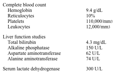 A 32-year-old man comes to the emergency department due to 5 days of intermittent high fever, chills, and drenching sweats.  He also has malaise, fatigue, and dark urine.  The patient has no medical history other than a splenectomy after a motor vehicle collision 10 years ago.  He drinks alcohol on social occasions and does not use tobacco or illicit drugs.  He is married and in a monogamous relationship with his wife.  The patient lives on Long Island, New York, and works in Manhattan as a software programmer.  He has not traveled outside the country but likes to hike and explore the woods.  He recently camped in New England and found 2 ticks on his legs when he returned home.  Temperature is 39.5 C (103 F) , blood pressure is 110/70 mm Hg, and pulse is 116/min.  Mild scleral icterus is present.  There are no enlarged lymph nodes or skin rash.  A mildly tender liver edge is palpable 3 cm below the right costal margin.  Laboratory results are as follows:   Which of the following is most likely to yield the diagnosis in this patient? A) Antirickettsial antibody assay B) Blood smear examination C) Lyme serology D) Polymerase chain reaction for Ehrlichia E) Tourniquet test F) Viral hepatitis serology