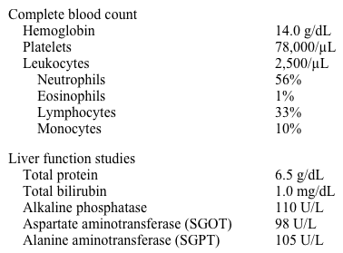 A 32-year-old man comes to the physician with a 2-day history of fever, headache, malaise, and myalgias.  Family members say that he seems slightly confused.  He recalls getting a tick bite 2 weeks ago while walking through the woods in Arkansas.  His temperature is 39 C (102 F) , blood pressure is 125/80 mm Hg, and pulse is 100/min.  His neck is supple and there is no lymphadenopathy.  The oropharynx is clear.  Cardiovascular examination is unremarkable.  The abdomen is soft and nontender.  There is no rash.  There are no focal neurologic deficits.  Laboratory results are as follows:   What is the most appropriate next step in management of this patient? A) Bone marrow biopsy B) Ceftriaxone C) Chloramphenicol D) Doxycycline E) Erythromycin F) Hepatitis serology G) Lyme serology