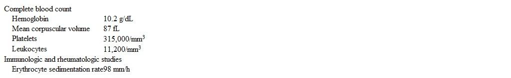 A 42-year-old man comes to the office due to 4 weeks of fatigue and weakness.  He has also had fleeting joint pains, low-grade fever, dark and cloudy urine, pain in the fingertips, and shortness of breath when walking fast or climbing stairs.  Examination shows tender, subcutaneous, violaceous nodules on the pads of the fingers.  Laboratory results are as follows:   Urinalysis shows 2+ blood and 1+ protein.  Which of the following is the best step in establishing a diagnosis in this patient? A) Echocardiogram B) Parvovirus serology C) Serum antistreptolysin titer D) Serum ferritin level E) Serum rheumatoid factor