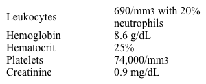 A 26-year-old man undergoing chemotherapy for metastatic seminoma comes to the emergency department with fever and chills for the last 24 hours.  He has no chest pain, shortness of breath, cough, abdominal pain, diarrhea, or skin rash.  His temperature is 38.9 C (102 F) , blood pressure is 118/70 mm Hg, pulse is 102/min, and respirations are 18/min.  Examination shows mucosal pallor.  There is mild gingival erythema but no evidence of bleeding.  The cardiopulmonary examination is normal.  The abdomen is soft and nontender to palpation.  The perianal area is without lesions.  Laboratory results are as follows:   Chest x-ray shows no infiltrates.  Urinalysis is normal.  The patient is admitted to the hospital.  Which of the following is the most appropriate initial therapy for this patient? A) Acyclovir B) Ceftriaxone C) Ciprofloxacin D) Linezolid E) Piperacillin-tazobactam F) Vancomycin G) Voriconazole