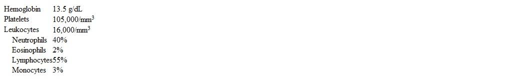 A 21-year-old woman comes to the office due to a 7-day history of sore throat, extreme fatigue, myalgias, and headaches.  She recently returned from a winter break vacation to Jamaica.  The patient has no significant medical history and takes no medications.  She smokes half a pack of cigarettes daily and occasionally consumes alcohol.  Temperature is 38 C (100.4 F) , heart rate is 78/min, blood pressure is 114/76 mm Hg, and respirations are 14/min.  Examination of the oropharynx shows palatal petechiae and enlarged, erythematous tonsils with exudates.  There is generalized lymphadenopathy and mild splenomegaly.  Complete blood count is as follows:   Peripheral blood smear is performed.  Rapid streptococcal antigen and heterophile antibody tests are negative.  Which of the following is the most likely diagnosis in this patient? A) Acute lymphoblastic leukemia B) Adenovirus infection C) Diphtheria infection D) Hodgkin lymphoma E) Infectious mononucleosis F) Influenza infection