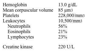 A 22-year-old student comes to the physician complaining of 4 days of fever, double vision, and painful swelling around his eyes.  He also has significant muscle pain in his neck and jaw muscles.  Two weeks ago, the patient returned from a trip to central Mexico.  One week after his return, he developed abdominal pain, nausea, vomiting, and diarrhea.  These symptoms resolved spontaneously.  He has a history of intravenous drug abuse but recently completed a drug rehabilitation program.  His temperature is 38.3 C (101 F) , blood pressure is 110/70 mm Hg, pulse is 92/min, and respirations are 14/min.  Physical examination shows subungual splinter hemorrhages, periorbital edema, and chemosis.  Lungs are clear to auscultation.  Cardiac examination shows no murmurs.  The abdomen is soft and nontender without organomegaly.  Laboratory results are as follows:   Which of the following is the most likely diagnosis? A) Ascariasis B) Dengue fever C) Giardiasis D) Infective endocarditis E) Trichinellosis F) Typhoid fever