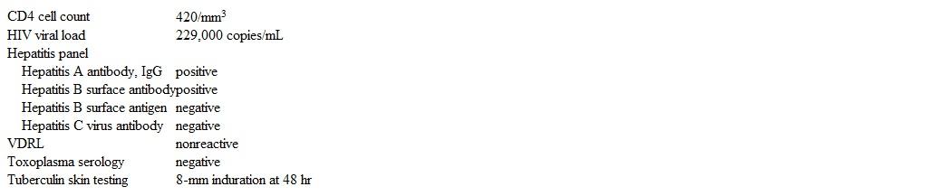 A 33-year-old man comes to the office for HIV testing after his partner was found to be HIV positive.  The patient is asymptomatic and has no history of sexually transmitted infections.  He has never had a previous HIV test.  The patient has had several male and female partners in his lifetime and uses condoms inconsistently.  He does not use tobacco, alcohol, or illicit drugs.  Vital signs are within normal limits and physical examination is normal.  A fourth-generation HIV test is positive, and subsequent laboratory results are as follows:   Complete blood count and liver aminotransferase levels are normal.  Chest x-ray is unremarkable.  In addition to starting antiretroviral therapy, which of the following interventions is most appropriate for this patient? A) Annual chest x-ray monitoring B) Interferon-gamma release assay C) Repeat tuberculosis testing after antiretroviral therapy initiation D) Spiral CT scan of the chest E) Treatment for active tuberculosis F) Treatment for latent tuberculosis