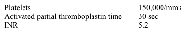 A 72-year-old woman is brought to the emergency department by her husband due to sudden-onset, right-sided weakness and numbness.  The patient's husband reports that her symptoms progressed over several minutes and were later accompanied by vomiting and headache.  He also notes that she is now excessively somnolent.  The patient has hypertension and persistent atrial fibrillation as well as myelodysplasia that has not required treatment.  She takes amlodipine, metoprolol, warfarin, and multivitamins.  In the past couple of days, she has also used over-the-counter medications for cold symptoms.  Temperature is 37 C (98.6 F) , blood pressure is 172/90 mm Hg, pulse is 68/min, and respirations are 16/min.  Her laboratory results and CT scan of the head without contrast are as follows:     Which of the following is the best immediate step in management of this patient? A) Aspirin and labetalol B) Lumbar puncture C) Platelet transfusion D) Protamine sulfate E) Prothrombin complex concentrate F) Tissue plasminogen activator G) Tranexamic acid