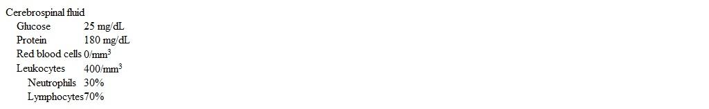 A 45-year-old man comes to the emergency department due to 3 weeks of headache and malaise and a week of double vision, vomiting, and fever.  Medical history is significant for alcohol use disorder.  Temperature is 38.3 C (100.9 F) , blood pressure is 140/90 mm Hg, pulse is 88/min, and respirations are 14/min.  Mild lethargy is present.  Examination shows neck stiffness and lateral deviation of the right eye with impaired adduction.  Noncontrast CT scan of the head is normal.  Laboratory results are as follows:   Serum HIV testing is negative.  What is the most likely diagnosis? A) Herpes encephalitis B) Meningococcal meningitis C) Neurocysticercosis D) Subarachnoid hemorrhage E) Tuberculosis