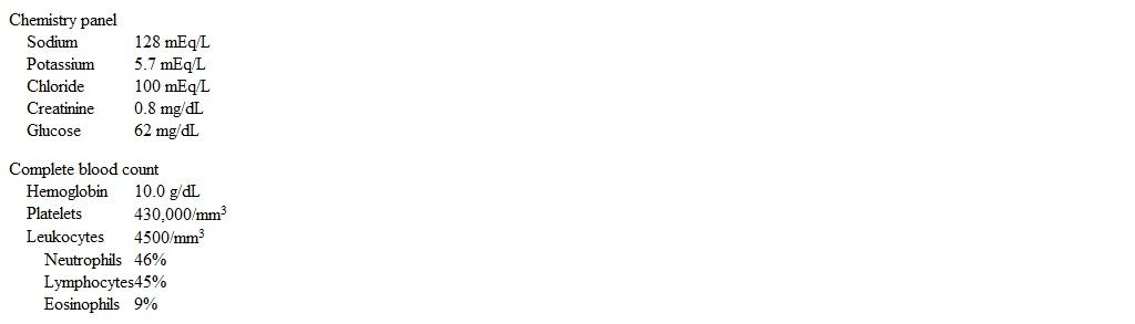 A 50-year-old man comes to the office due to lightheadedness and fatigue for the last several weeks.  Over the last few days, he has become lightheaded when standing up.  He has also experienced subjective fevers and a daily cough for the past 3 months and has lost 8 kg (17.6 lb)  during that time.  The patient has no known medical history.  He does not use tobacco, alcohol, or illicit drugs and takes no medications.  He immigrated from Southeast Asia 25 years ago and occasionally makes trips back there to visit family.  Temperature is 38 C (100.4 F) , blood pressure is 96/62 mm Hg, pulse is 98/min and regular, and respirations are 14/min.  Oxygen saturation is 94% on room air.  On physical examination, the neck veins are flat.  Laboratory results are as follows:   Chest x-ray reveals patchy airspace disease in the left upper lung lobe as well as mediastinal lymphadenopathy.  Which of the following is most likely responsible for this patient's lightheadedness? A) Hypothalamic infiltrative lesion B) Infectious adrenalitis C) Mycobacterial pericarditis D) Paraneoplastic syndrome E) Pulmonary strongyloidiasis