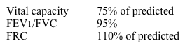 A 24-year-old man undergoes pulmonary function testing to evaluate dyspnea on exertion.  He has no other symptoms except chronic low back pain.  The pain is worse at night and improves upon arising and with exercise.  He only takes naproxen as needed for back discomfort.  He smokes 1 pack of cigarettes per day and drinks a 6-pack of beer each weekend.  His erythrocyte sedimentation rate is 77 mm/hr.  The following values are obtained:   (FEV<sub>1</sub>: Forced expiratory volume in 1 second; FVC: Forced vital capacity; FRC: Functional residual capacity)  Which of the following best explains the pulmonary function test findings in this patient? A) Chest wall motion restriction B) Diffuse pulmonary fibrosis C) Emphysema D) Pulmonary vascular disease E) Small airway obstruction