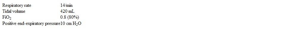 A 43-year-old, previously healthy man is hospitalized due to acute pancreatitis.  On day 3, he develops respiratory distress.  The patient is transferred to the intensive care unit and intubated.  His ideal body weight is 70 kg (154 lb) .  Initial ventilator settings are as follows:   Ten minutes after the patient is intubated, blood pressure is 110/70 mm Hg and pulse is 90/min.  Results from arterial blood gas testing are as follows:   Which of the following is the best next step in management of this patient? A) Decrease the FiO<sub>2</sub> B) Decrease the positive end-expiratory pressure C) Decrease the respiratory rate D) Increase the respiratory rate E) Increase the tidal volume
