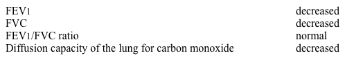 A 62-year-old man comes to the office due to a year of progressive exertional dyspnea and dry cough.  He lives by himself and has been having difficulty performing daily activities.  The patient has a history of gastroesophageal reflux and osteoarthritis.  He has smoked a pack of cigarettes daily for 40 years and occasionally drinks alcohol.  The patient worked as a carpenter for 20 years, and before that, he repaired navy ships.  He has no pets or recent travel history.  Blood pressure is 140/80 mm Hg and pulse is 80/min and regular.  Pulse oximetry is 92% on ambient air.  BMI is 33.2 kg/m<sup>2</sup>.  Chest x-ray reveals pleural calcifications.  Pulmonary function studies are as follows.   Which of the following is the most likely cause of this patient's symptoms? A) Impaired lung expansion due to pleural calcifications B) Occupational exposure-induced pulmonary fibrosis C) Pulmonary artery occlusion due to chronic thromboembolism D) Reduced chest wall mobility due to obesity E) Smoking-induced alveolar destruction and hyperinflation