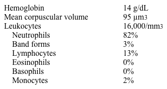 A 26-year-old woman comes to the emergency department with severe shortness of breath.  She has a long history of asthma with periodic exacerbations.  Her home medications include inhaled albuterol and fluticasone.  The patient does not use tobacco, alcohol, or illicit drugs.  Her temperature is 37.2 C (99 F) , blood pressure is 150/90 mm Hg, pulse is 110/min, and respirations are 24/min.  On examination, she has moderate respiratory distress, prolonged expiratory phase, and diffuse wheezing.  Complete blood count shows a hemoglobin of 13.8 g/dL and a leukocyte count of 9,200/mm<sup>3</sup>.  Chest x-ray reveals hyperinflated lungs but no infiltrates.  The patient is admitted and is given nebulized albuterol, intravenous methylprednisolone, and supplemental oxygen.  The next day, her respiratory status is improved.  Repeat vital signs show temperature of 37.2 C (99 F) , blood pressure of 130/80 mm Hg, pulse of 90/min, and respirations of 20/min.  Some scattered bilateral wheezes are heard on lung auscultation.  Changes in laboratory results are as follows:   What is the most likely explanation for the abnormal laboratory findings in this patient? A) Hypersensitivity reaction B) Medication effect C) Metabolic disorder D) Myeloproliferative disorder E) Pneumonia